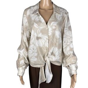 NWT New $89 Ellen Tracy Linen Blend Beige Floral Tie Front Shirt Size M